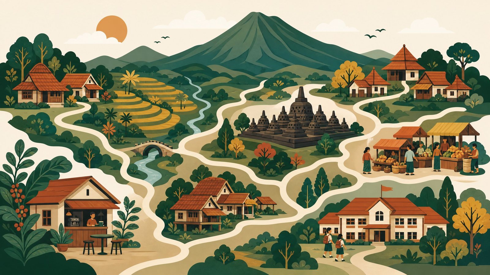 Ilustrasi wilayah Magelang: Borobudur, pegunungan Menoreh, sawah, dan jalan desa